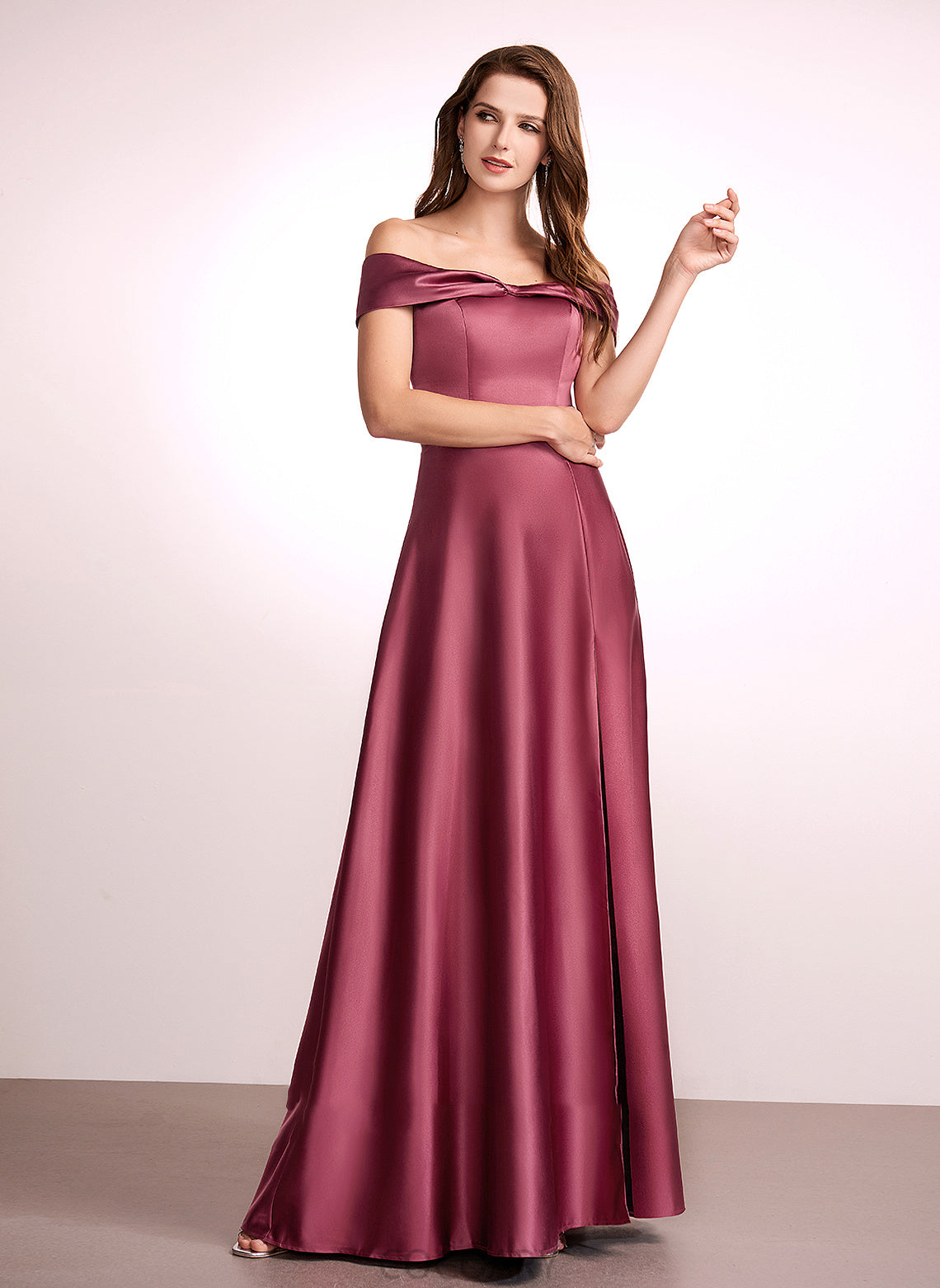 Off-the-Shoulder A-Line Fabric Floor-Length Length SplitFront Silhouette Neckline Embellishment Destiney Natural Waist V-Neck Bridesmaid Dresses