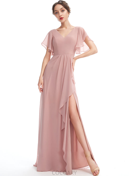 Embellishment Neckline V-neck SplitFront Floor-Length Ruffle Fabric Length Silhouette A-Line Audrey A-Line/Princess Bridesmaid Dresses