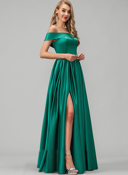 Floor-Length Neckline Embellishment Off-the-Shoulder Pockets Length Satin Fabric Straps SplitFront Asia Sleeveless Bridesmaid Dresses