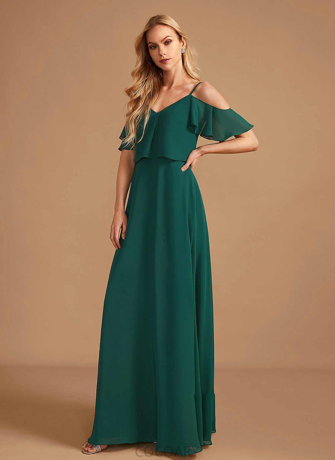 Embellishment Fabric V-neck Silhouette Neckline Length Floor-Length Ruffle A-Line Kamila Sleeveless Floor Length Bridesmaid Dresses