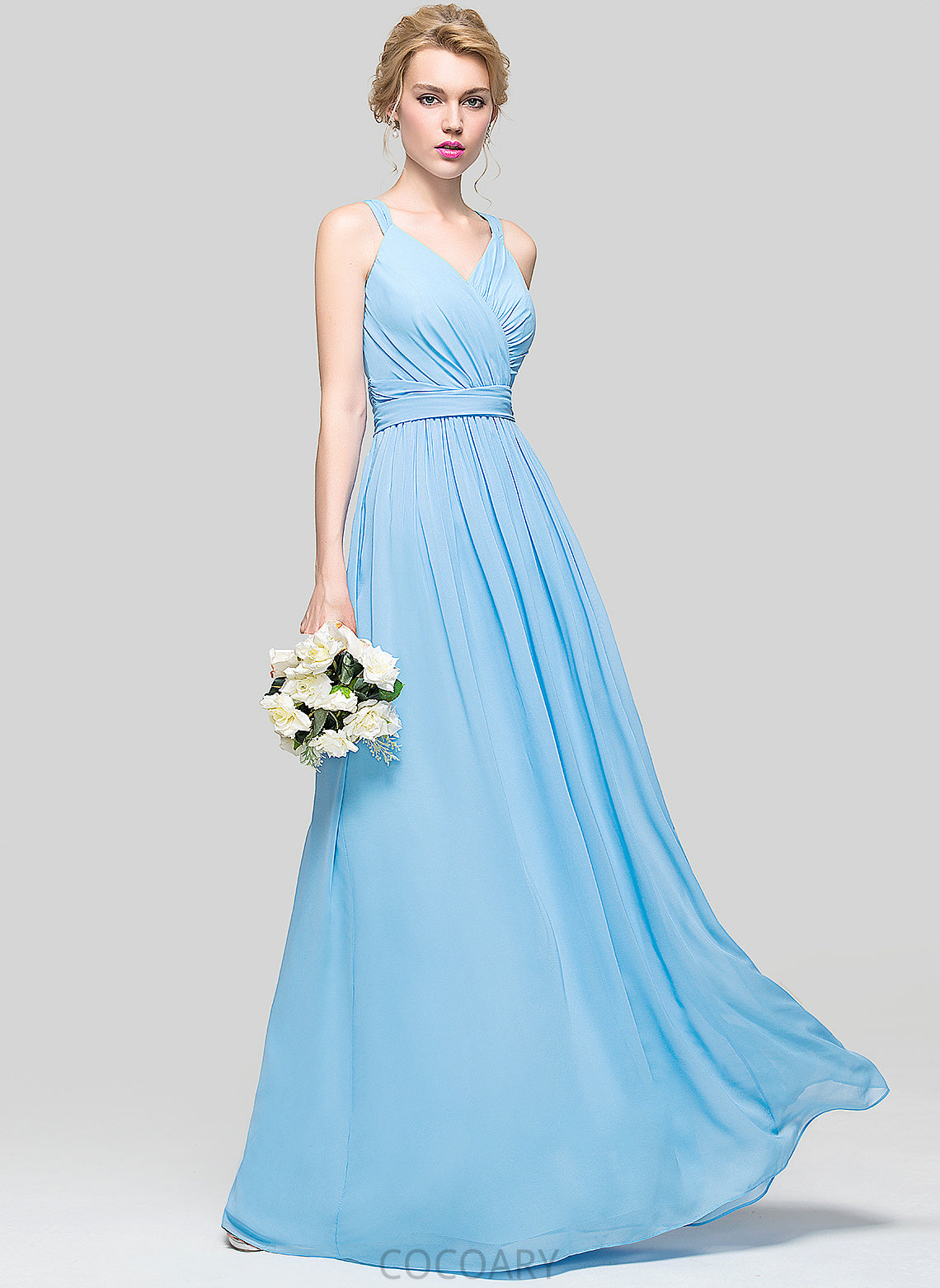 Floor-Length A-Line Fabric Bow(s) Silhouette Ruffle V-neck Embellishment Length Neckline Gertie Spaghetti Staps Bridesmaid Dresses