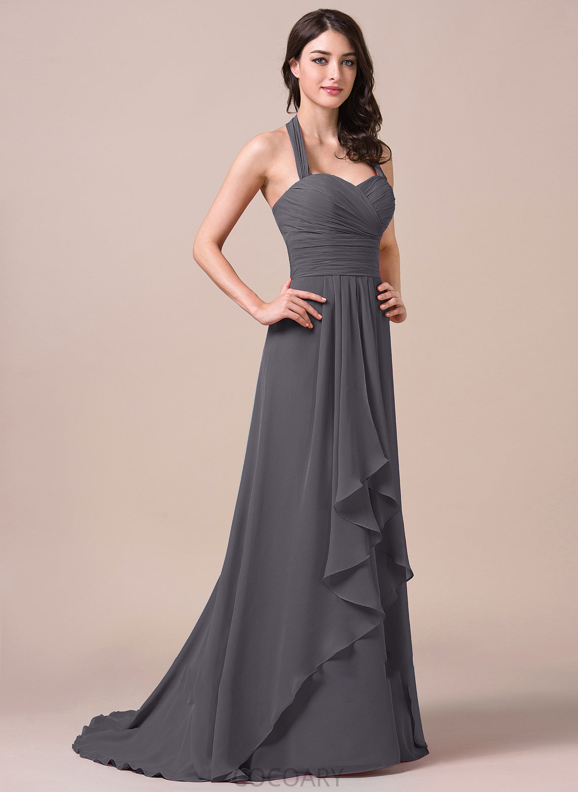 Bow(s) Silhouette Length A-Line Halter SweepTrain Fabric Neckline Embellishment CascadingRuffles Karla Floor Length Bridesmaid Dresses