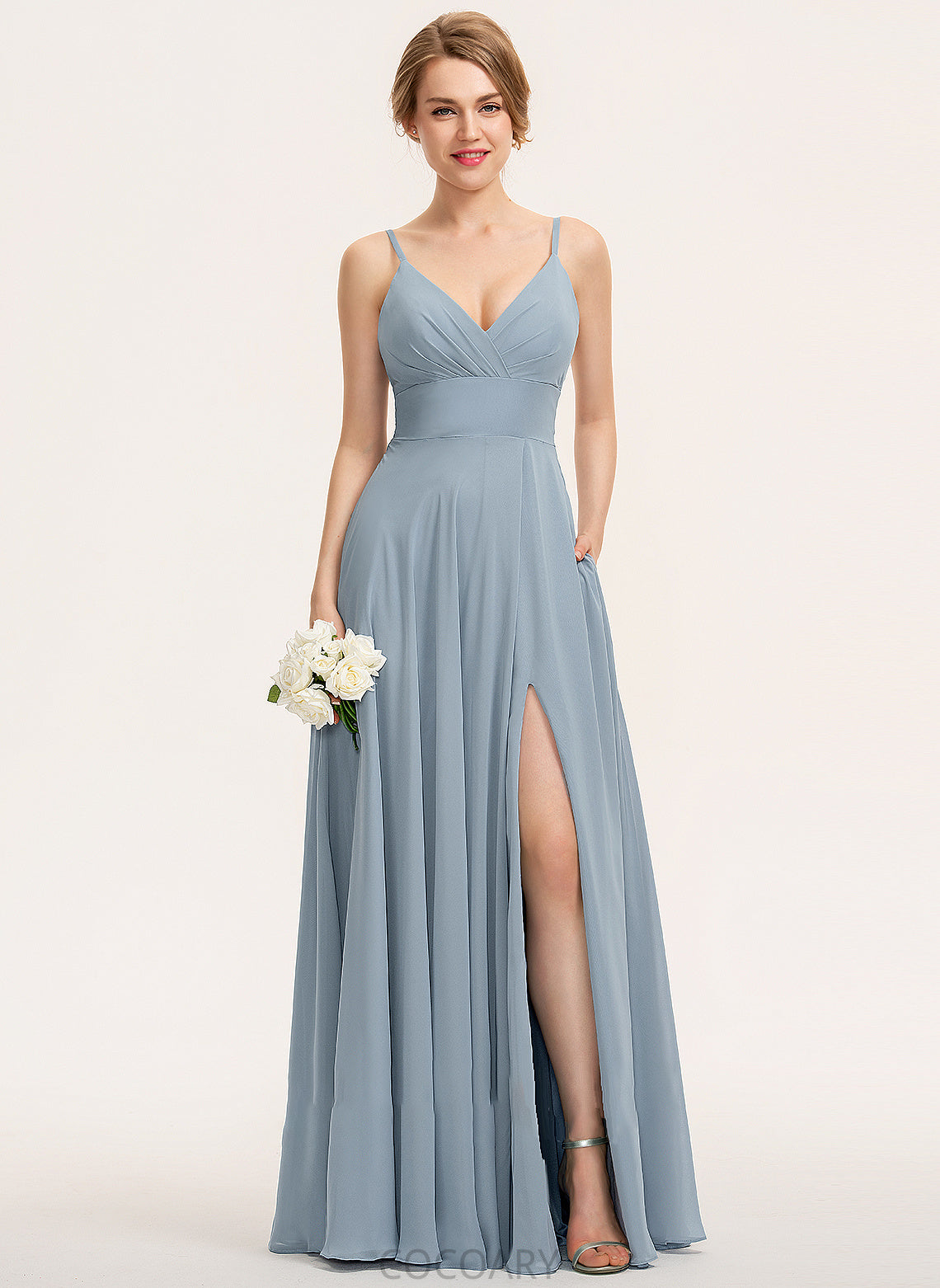 Embellishment Floor-Length Pockets Ruffle Neckline Length V-neck Fabric A-Line Silhouette Paloma Halter Bridesmaid Dresses