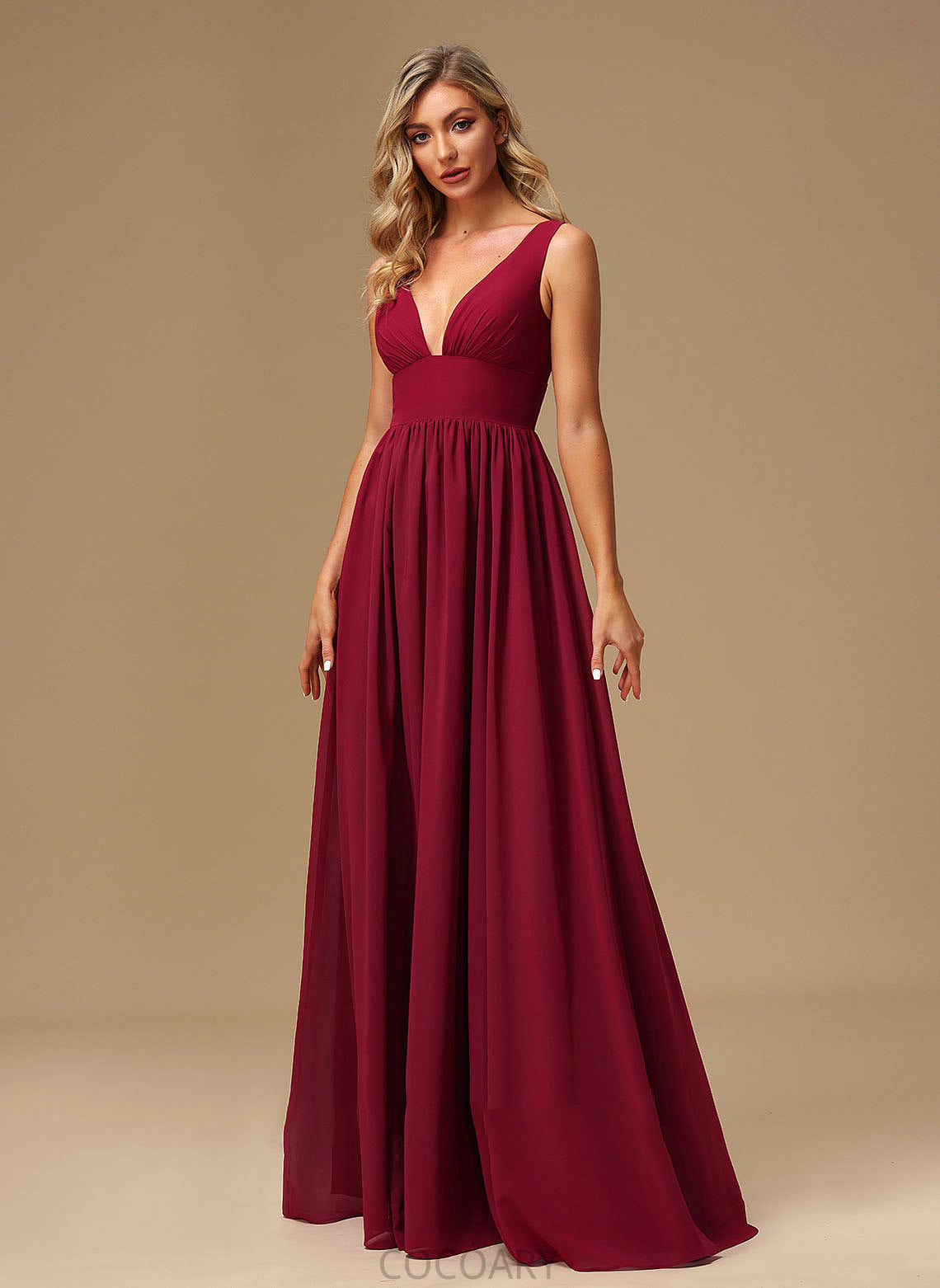 Floor-Length Fabric A-Line Length SplitFront V-neck Silhouette Neckline Embellishment Olga Sleeveless Natural Waist Bridesmaid Dresses