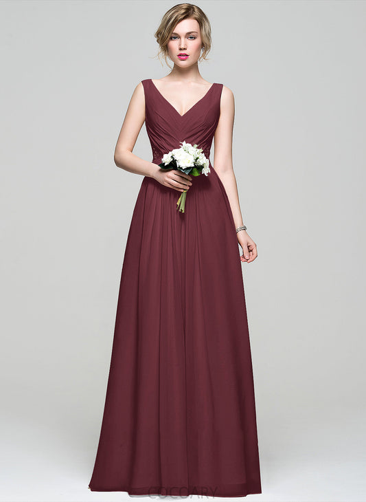 Fabric Lace Floor-Length Embellishment Beading V-neck Ruffle Length Sequins Neckline Silhouette A-Line Bridesmaid Dresses