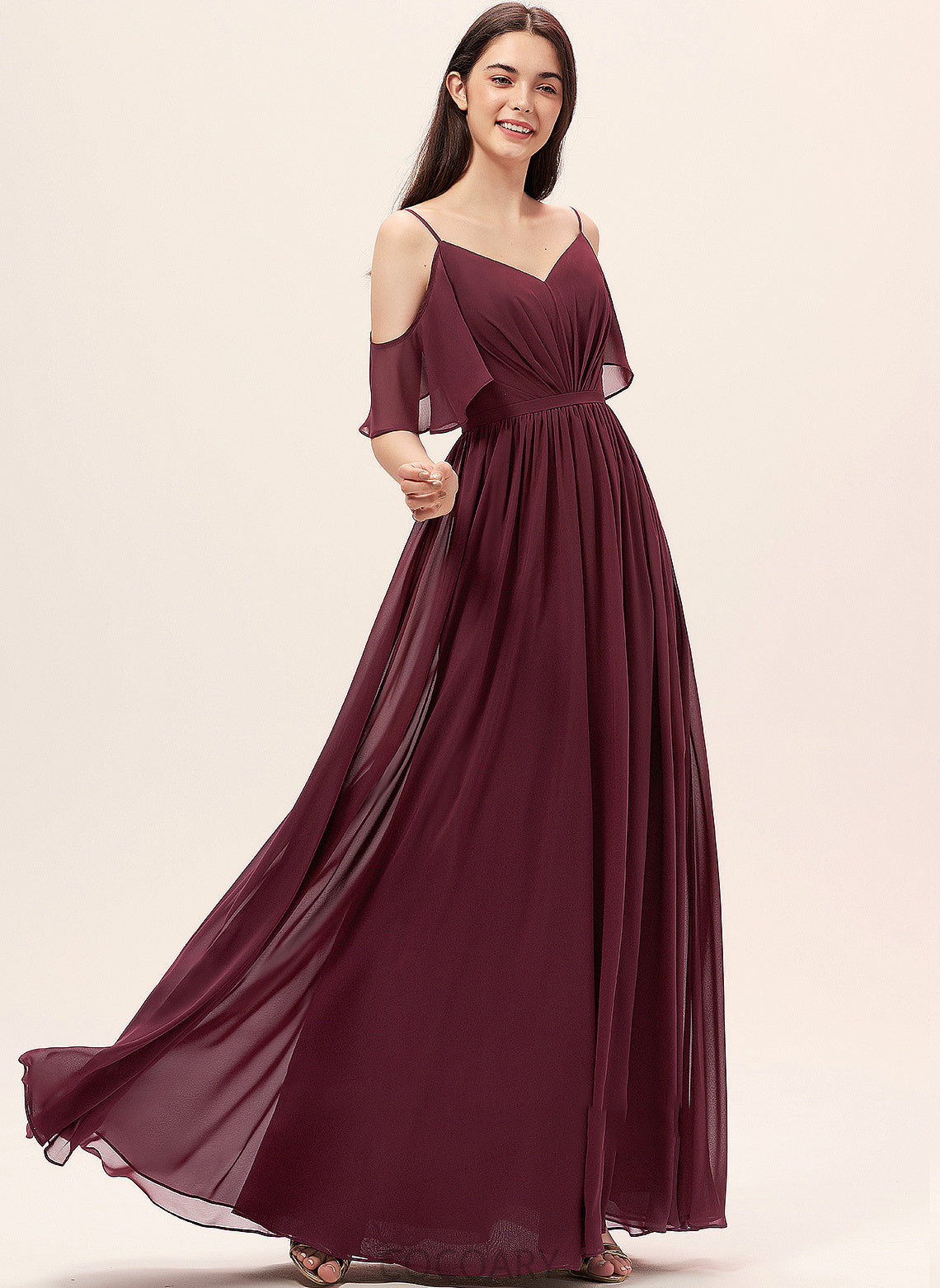 Silhouette Ruffle Floor-Length Fabric A-Line Length Embellishment Neckline V-neck Abril Spaghetti Staps A-Line/Princess Bridesmaid Dresses