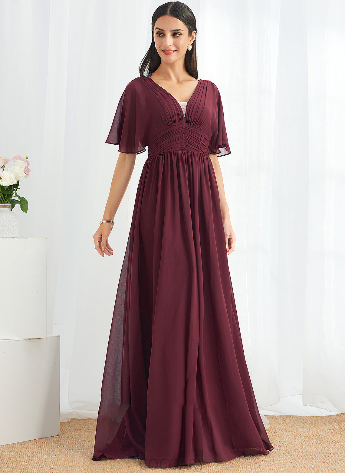 Fabric Floor-Length V-neck A-Line Silhouette Ruffle Neckline Embellishment Length Sloane Sleeveless Straps Bridesmaid Dresses