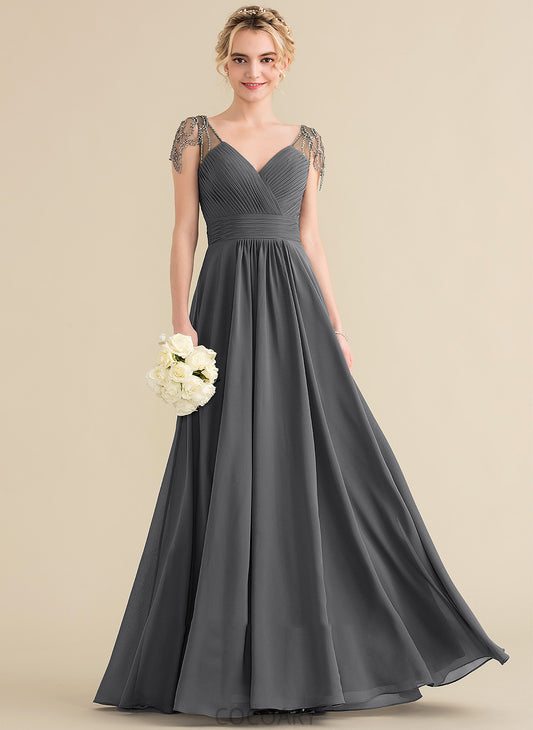 Length Beading Sequins Silhouette Floor-Length Fabric Ruffle V-neck Embellishment Neckline A-Line Karli Bridesmaid Dresses