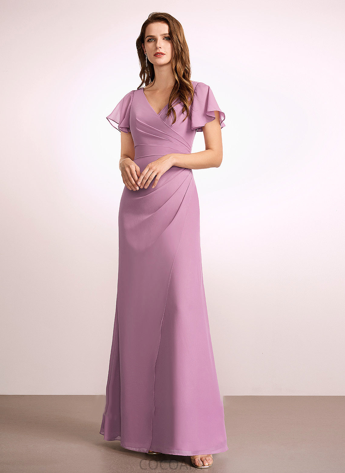 Length Fabric Neckline Embellishment Ruffle V-neck Silhouette Floor-Length Sheath/Column Chana Sleeveless A-Line/Princess Bridesmaid Dresses