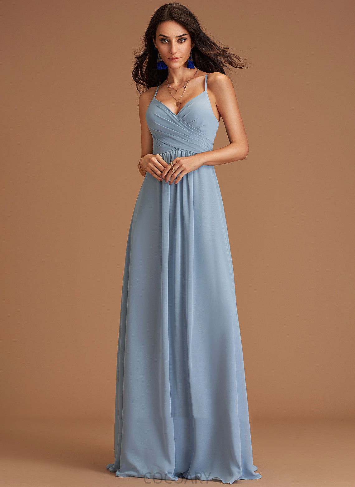 Embellishment Ruffle Neckline Length Fabric A-Line Silhouette V-neck Floor-Length Marissa Floor Length Sleeveless Bridesmaid Dresses