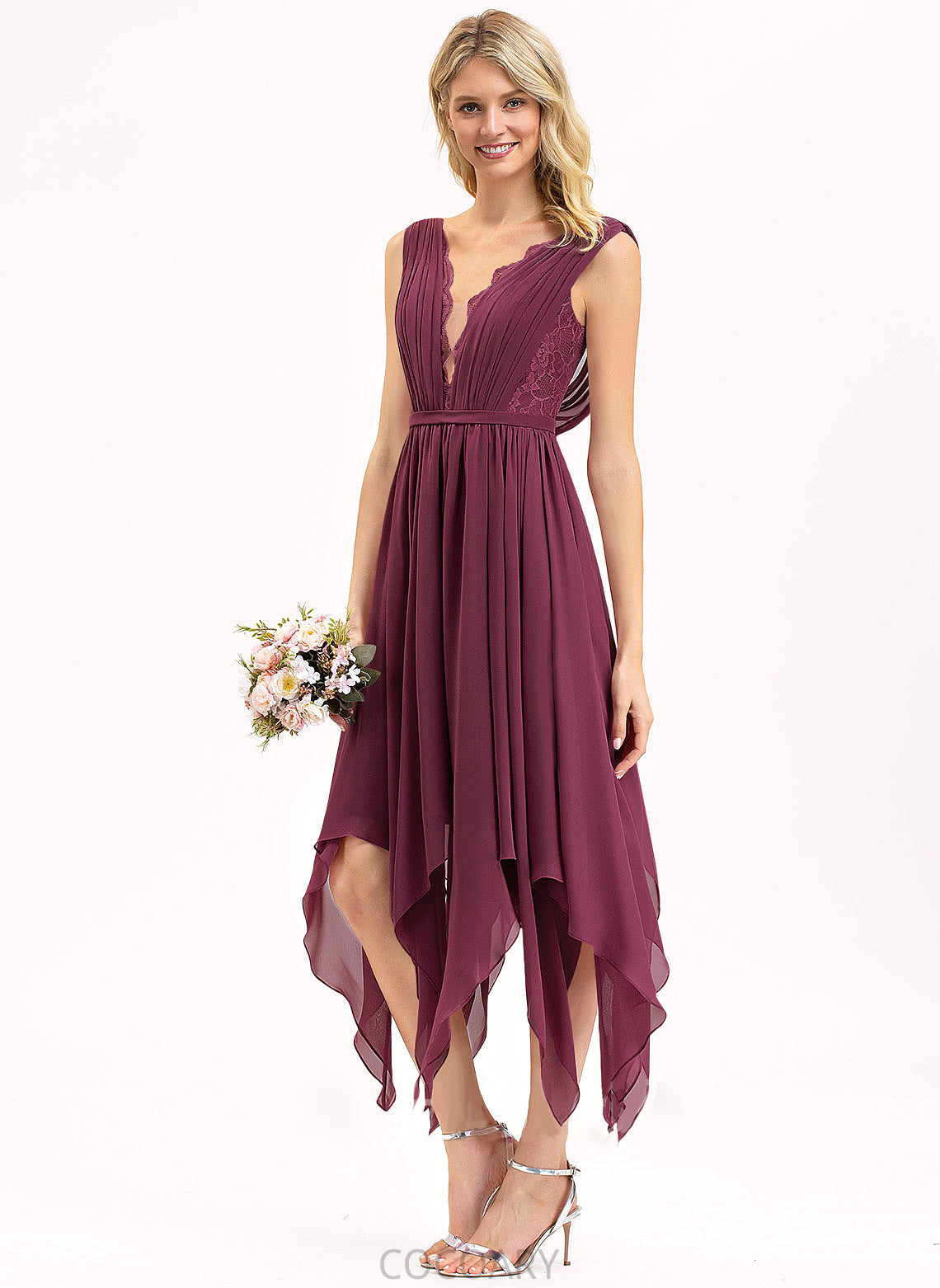 Neckline Silhouette Straps V-neck Length Ankle-Length A-Line Fabric Lace Amani Natural Waist Sleeveless Bridesmaid Dresses