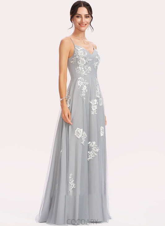 Floor-Length Lace Fabric V-neck Neckline Embellishment A-Line Silhouette Length Xiomara Natural Waist V-Neck Bridesmaid Dresses