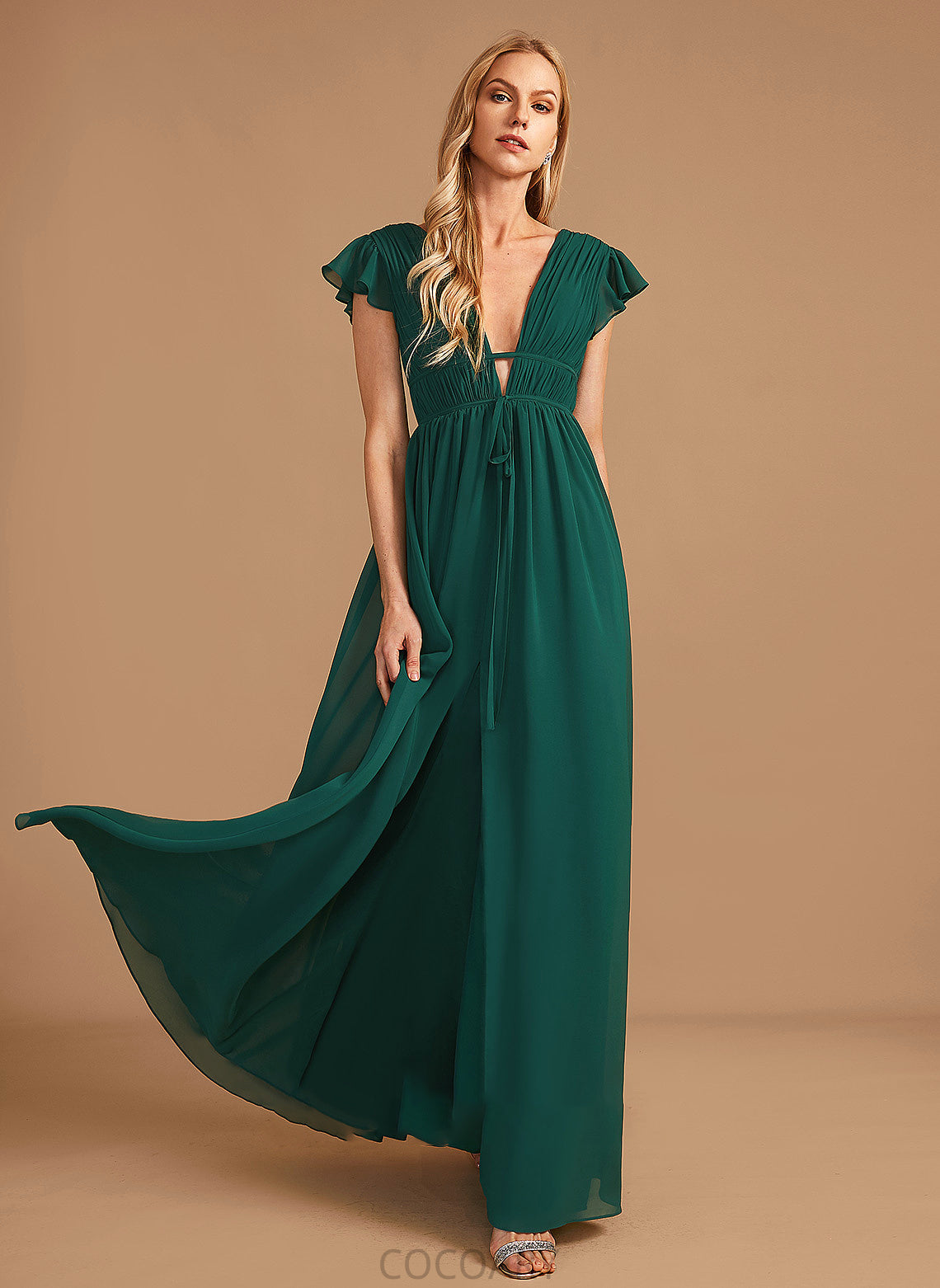 Silhouette Floor-Length Embellishment A-Line V-neck Fabric Neckline SplitFront Length Julie Floor Length Natural Waist Bridesmaid Dresses