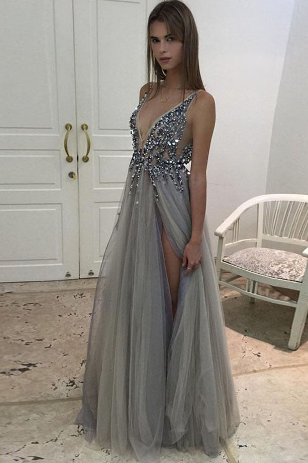 Gray A Line Floor Length Deep V Neck Sleeveless Side Slit Beading Long Prom Dresses