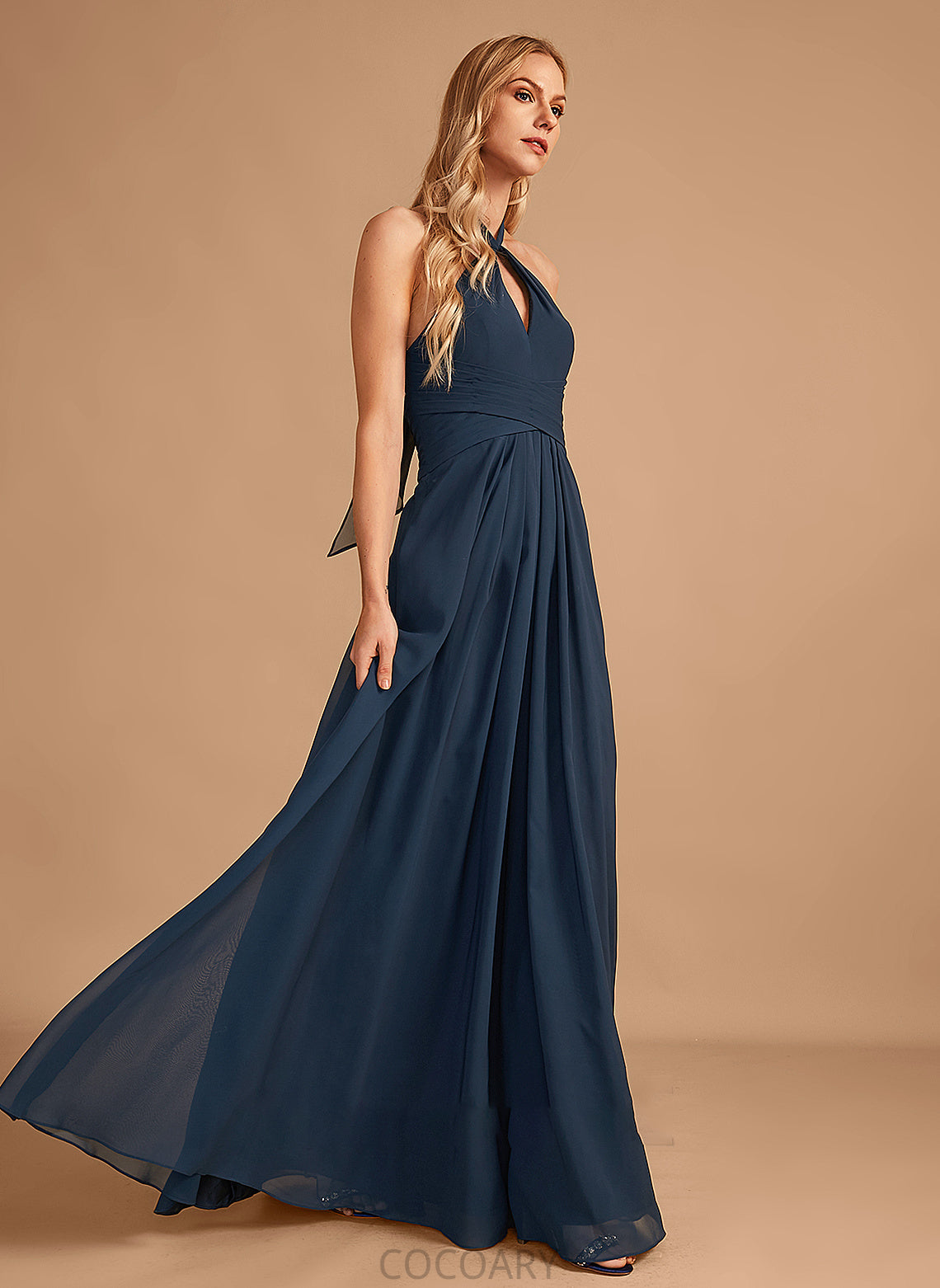 A-Line Fabric Floor-Length Neckline Embellishment Ruffle Halter Silhouette Length Ximena Sleeveless A-Line/Princess Bridesmaid Dresses