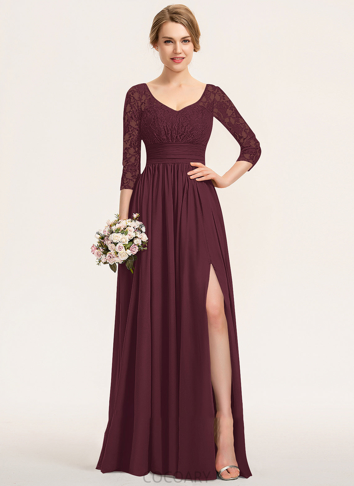 Silhouette V-neck Floor-Length Fabric Embellishment SplitFront Length A-Line Neckline Ruffle Karma A-Line/Princess Bridesmaid Dresses