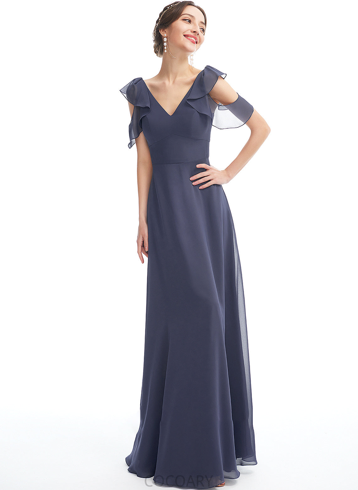 V-neck Ruffle Embellishment Floor-Length A-Line Silhouette Length Neckline Fabric Eliza Sleeveless One Shoulder Bridesmaid Dresses