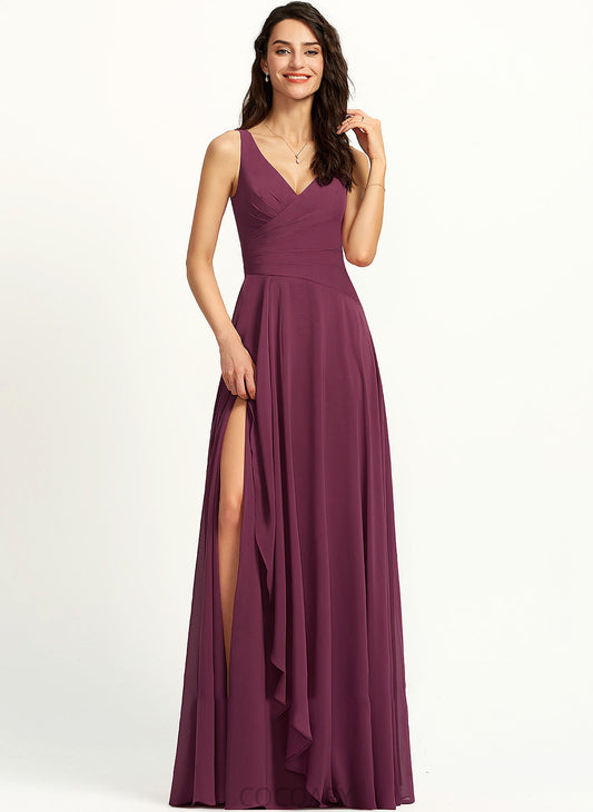 V-neck Silhouette Floor-Length SplitFront A-Line Fabric Neckline Embellishment Length Arely Floor Length Sleeveless Bridesmaid Dresses