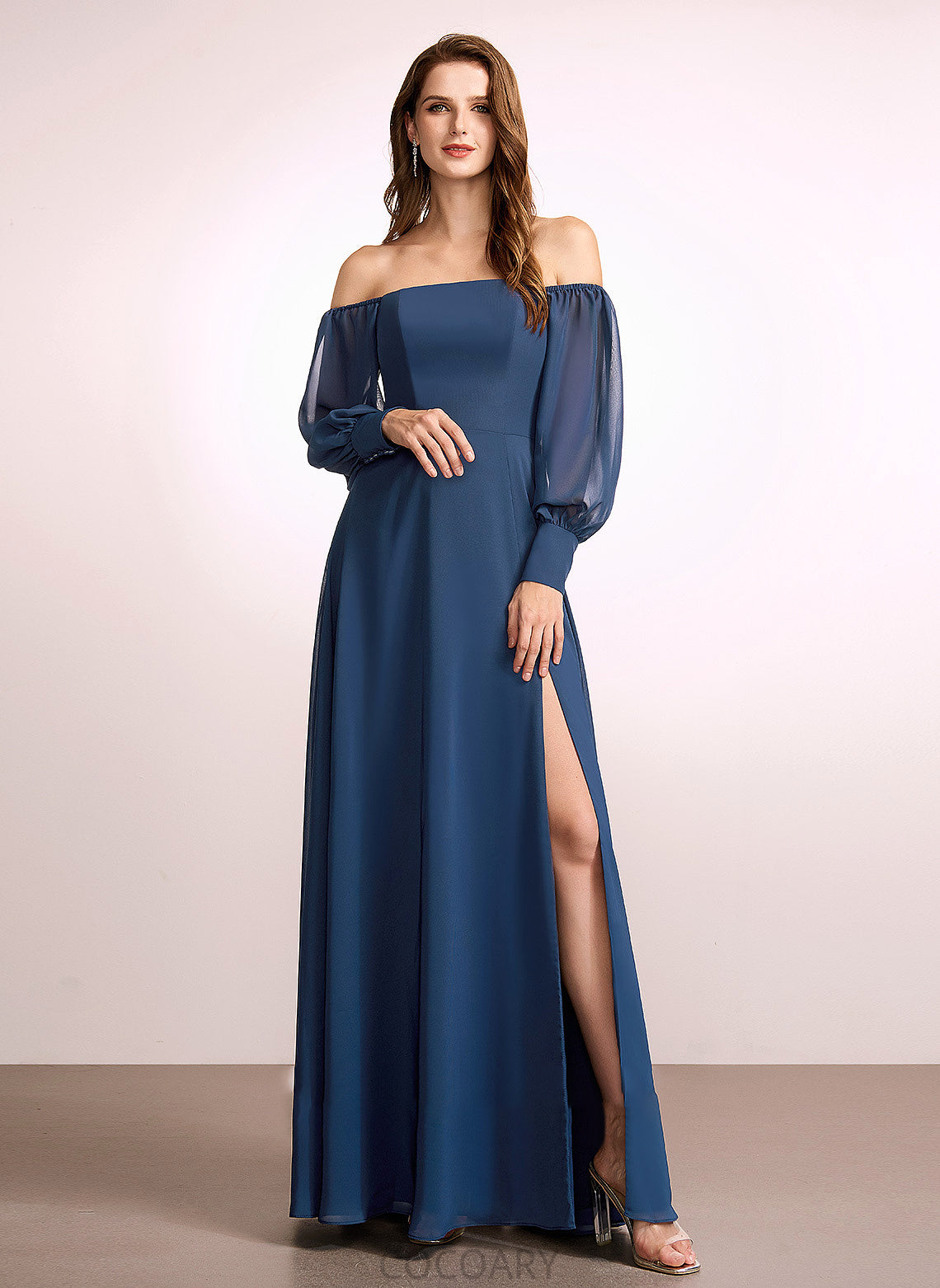 A-Line Silhouette Neckline Length Fabric Embellishment SplitFront Off-the-Shoulder Floor-Length Haven Natural Waist Floor Length Bridesmaid Dresses