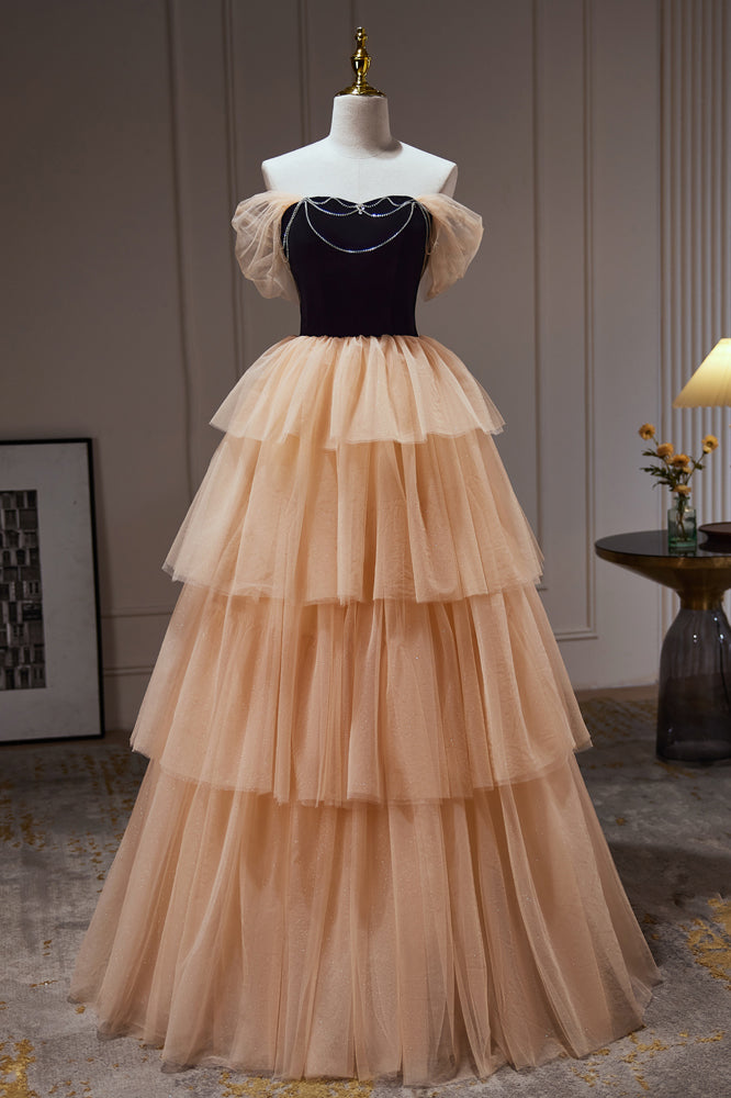 Pretty Champagne Off The Shoulder Beading A Line Tulle Long Prom Dresses