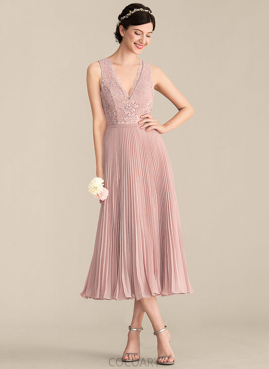 Tea-Length A-Line Fabric Neckline Silhouette Length Pleated Embellishment V-neck Yasmin Natural Waist Sheath/Column Bridesmaid Dresses