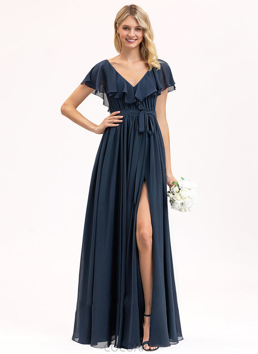 Bow(s) Silhouette A-Line V-neck CascadingRuffles SplitFront Neckline Fabric Floor-Length Length Embellishment Vivien Bridesmaid Dresses