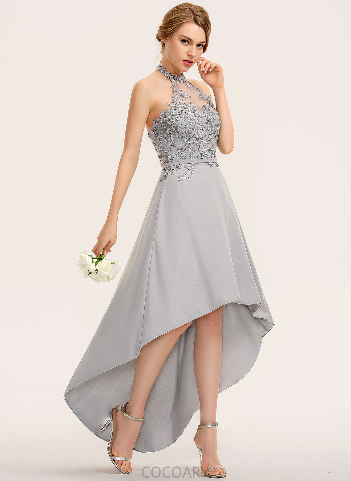 Fabric Straps Lace Silhouette Neckline Length Halter A-Line Asymmetrical Norma Natural Waist A-Line/Princess Bridesmaid Dresses