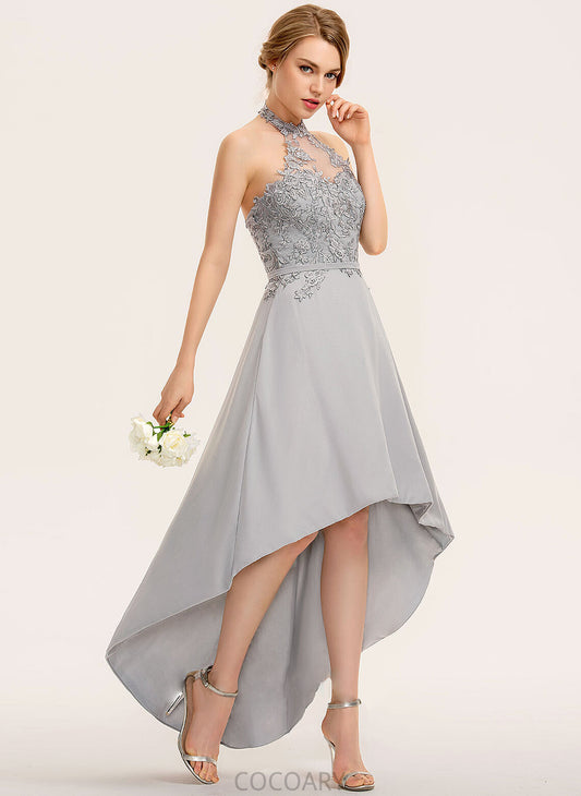 Fabric Straps Lace Silhouette Neckline Length Halter A-Line Asymmetrical Norma Natural Waist A-Line/Princess Bridesmaid Dresses