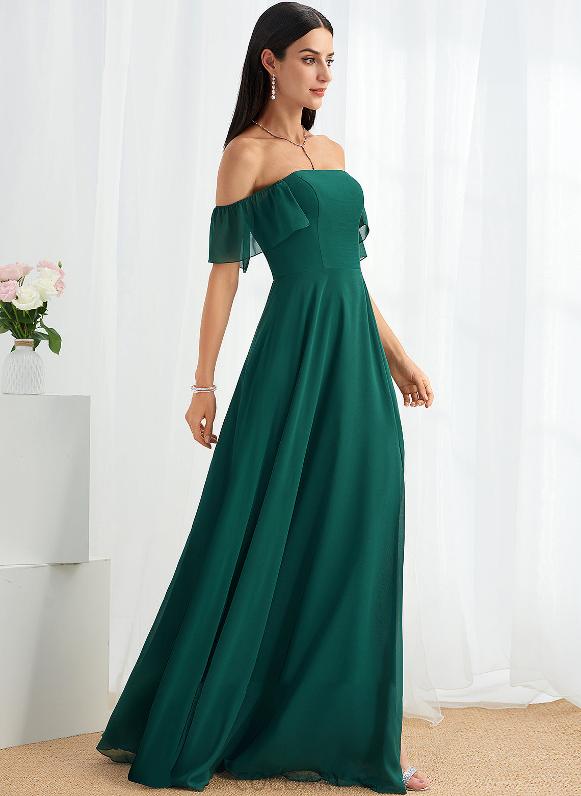 Silhouette A-Line Length Fabric Off-the-Shoulder SplitFront Floor-Length Embellishment Neckline Nadia A-Line/Princess Floor Length Bridesmaid Dresses