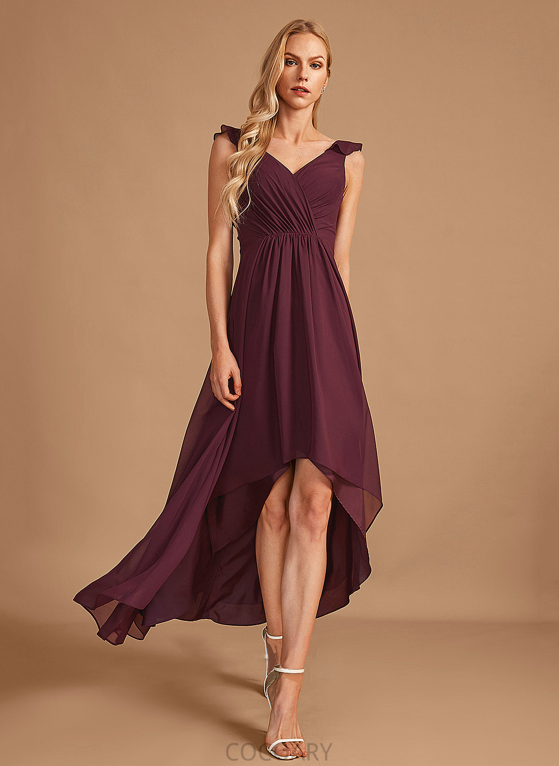 Length Silhouette A-Line Fabric Neckline V-neck Embellishment Ruffle Asymmetrical Hailie One Shoulder Sleeveless Bridesmaid Dresses