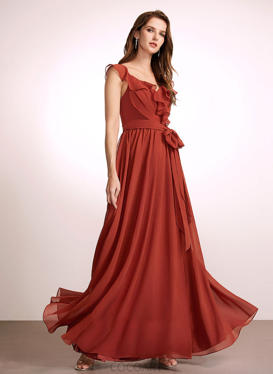 Embellishment Neckline Ruffle A-Line Fabric Silhouette V-neck Floor-Length Length Hayley One Shoulder Sleeveless Bridesmaid Dresses