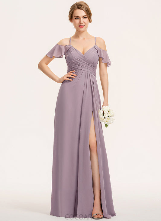 Fabric Length Silhouette CascadingRuffles Floor-Length SplitFront A-Line Ruffle Neckline Embellishment V-neck Nyla Bridesmaid Dresses