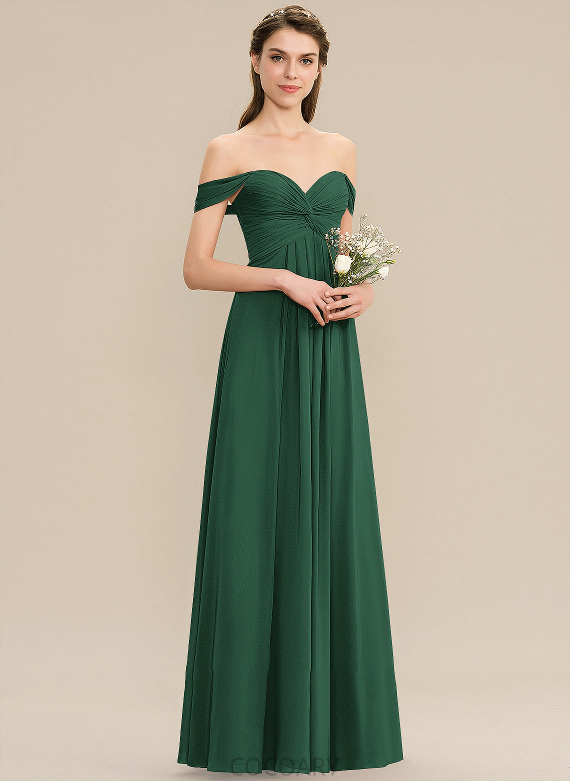 Neckline Embellishment Floor-Length Silhouette Length Off-the-Shoulder A-Line Ruffle Fabric Aisha Natural Waist Spaghetti Staps Bridesmaid Dresses