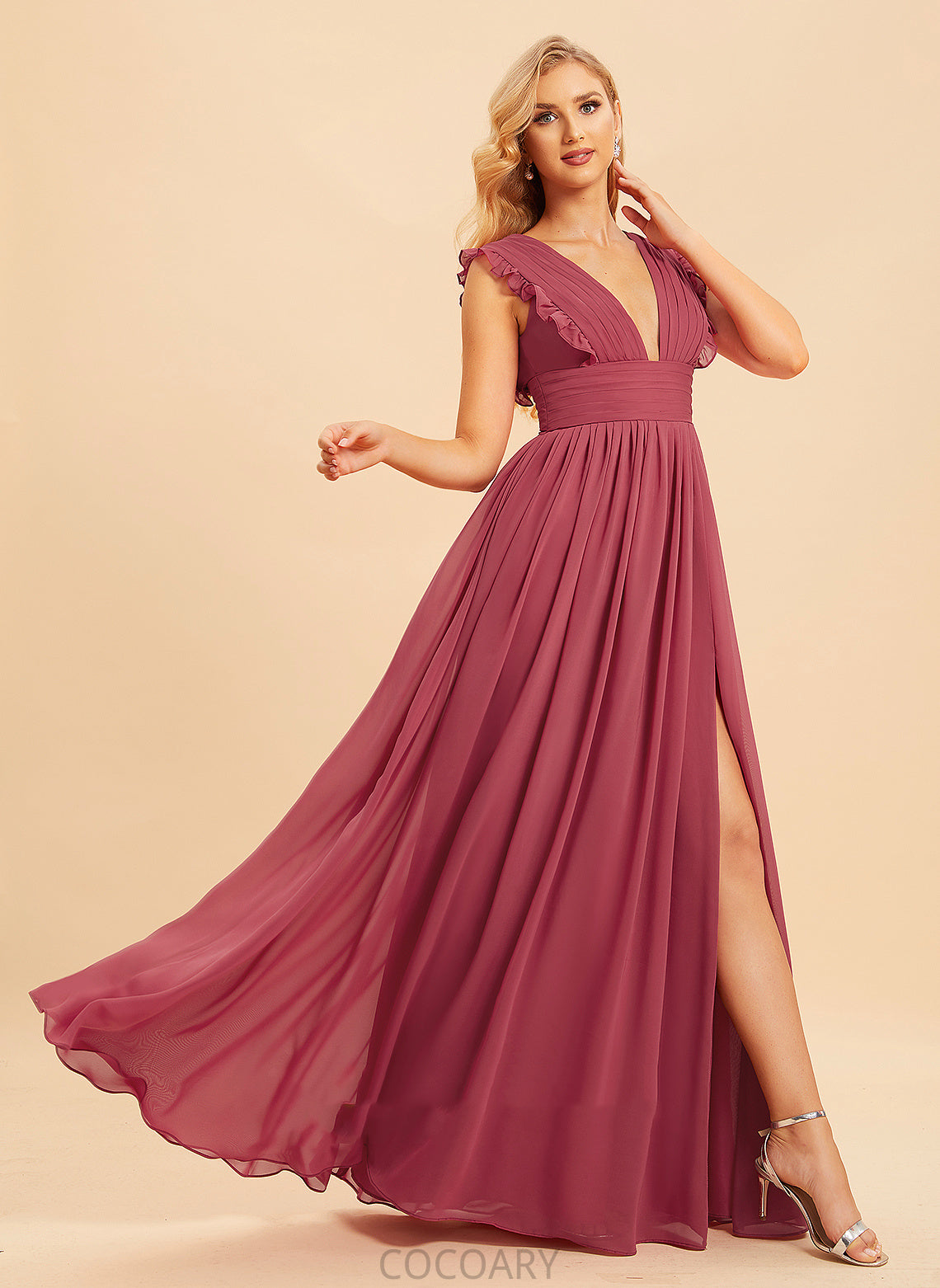 Neckline V-neck Silhouette Fabric Length SplitFront Ruffle Floor-Length Embellishment A-Line Catalina Sleeveless Bridesmaid Dresses