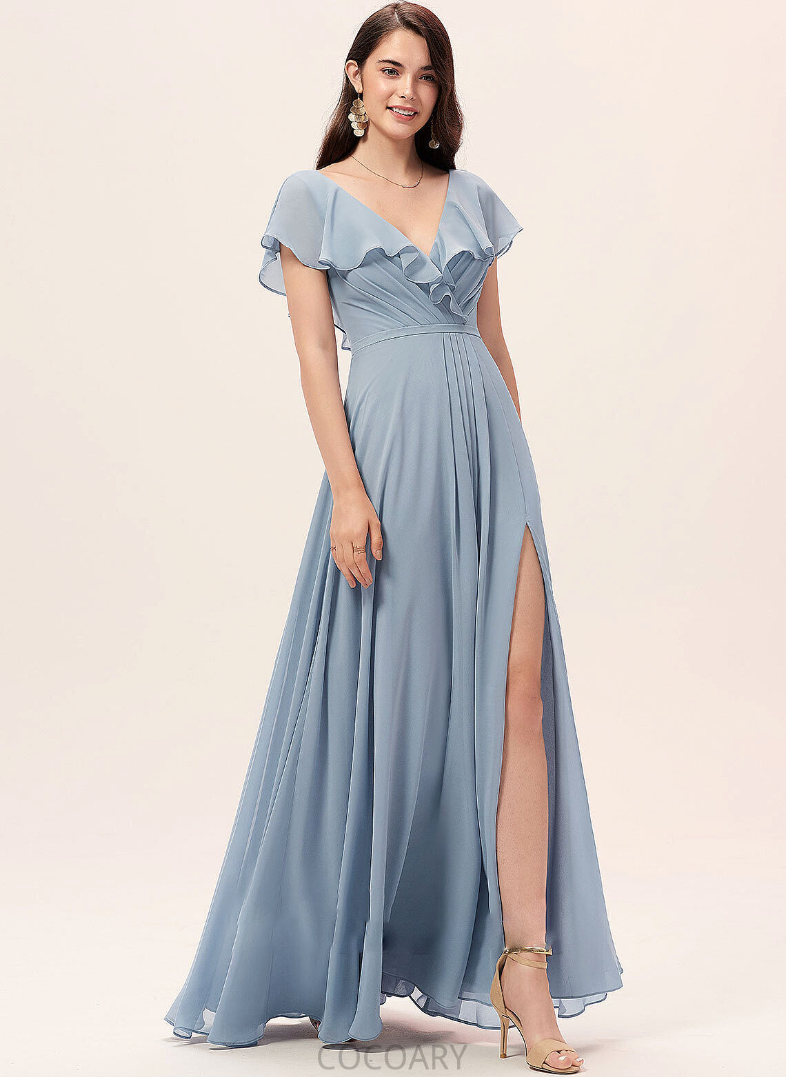 V-neck Floor-Length Fabric Embellishment A-Line Neckline SplitFront Length Silhouette Kyla V-Neck Natural Waist Bridesmaid Dresses