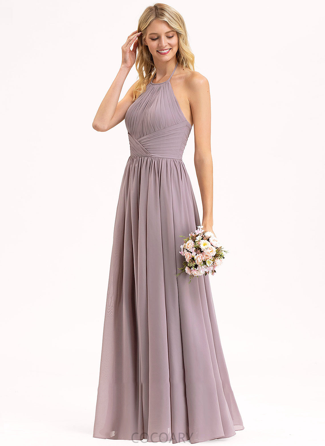 Bow(s) Length Silhouette Fabric Ruffle Floor-Length Embellishment Halter Neckline Empire Amya Natural Waist Bridesmaid Dresses