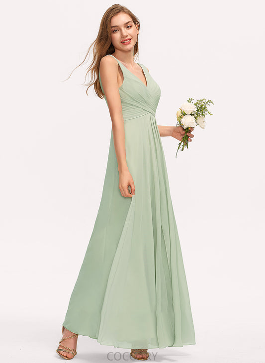 Floor-Length Length A-Line SplitFront V-neck Neckline Ruffle Silhouette Embellishment Fabric Thea Sleeveless Bridesmaid Dresses