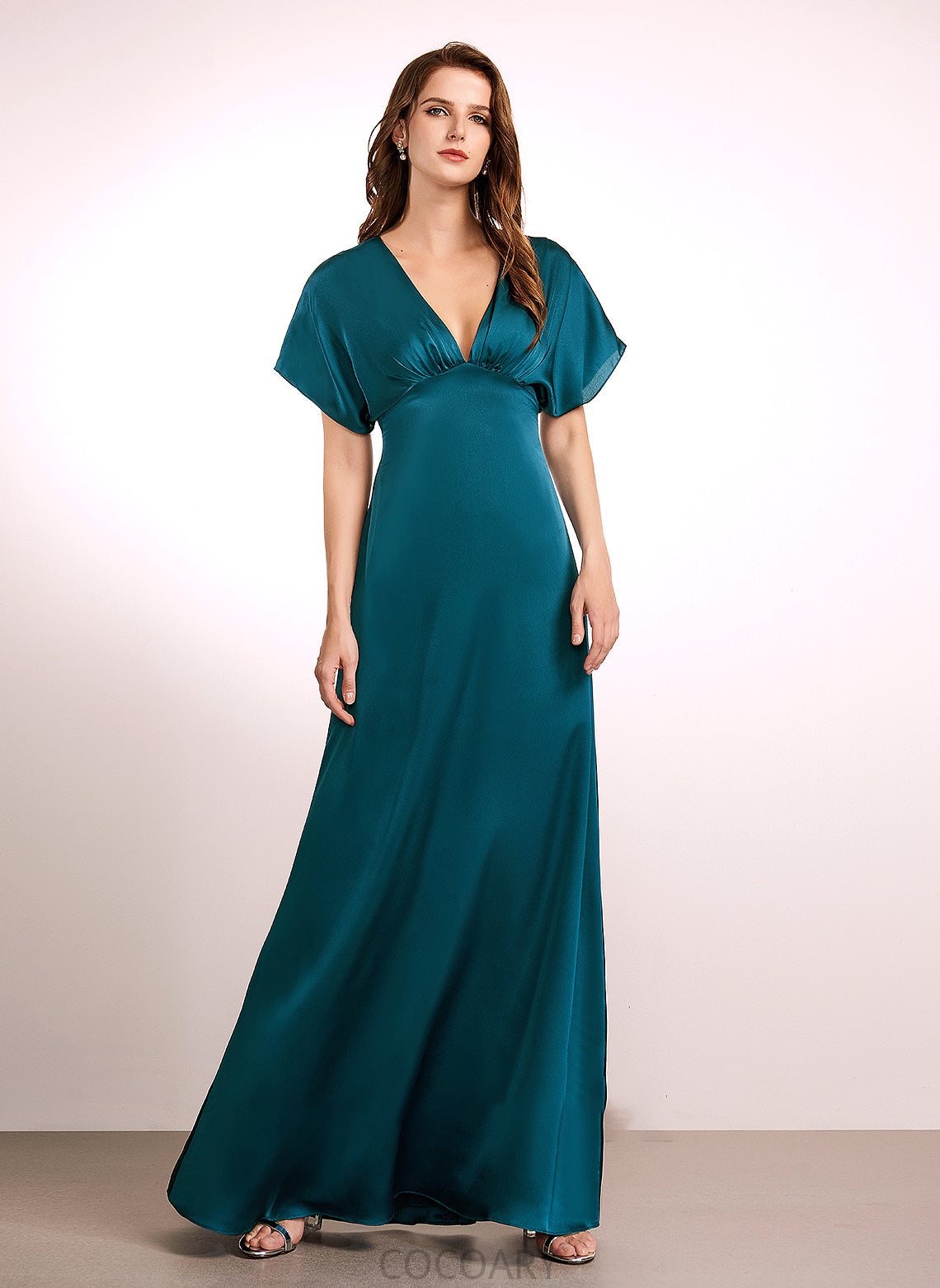 Fabric Length A-Line Neckline V-neck Straps Silhouette Satin Floor-Length Paige Sleeveless Spaghetti Staps Bridesmaid Dresses