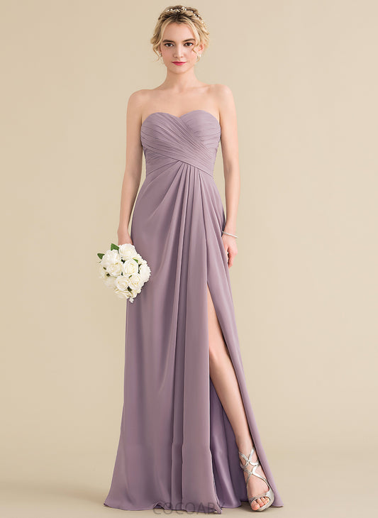 Length Silhouette Neckline SplitFront Fabric Ruffle Embellishment A-Line Floor-Length Sweetheart Avery Straps Bridesmaid Dresses