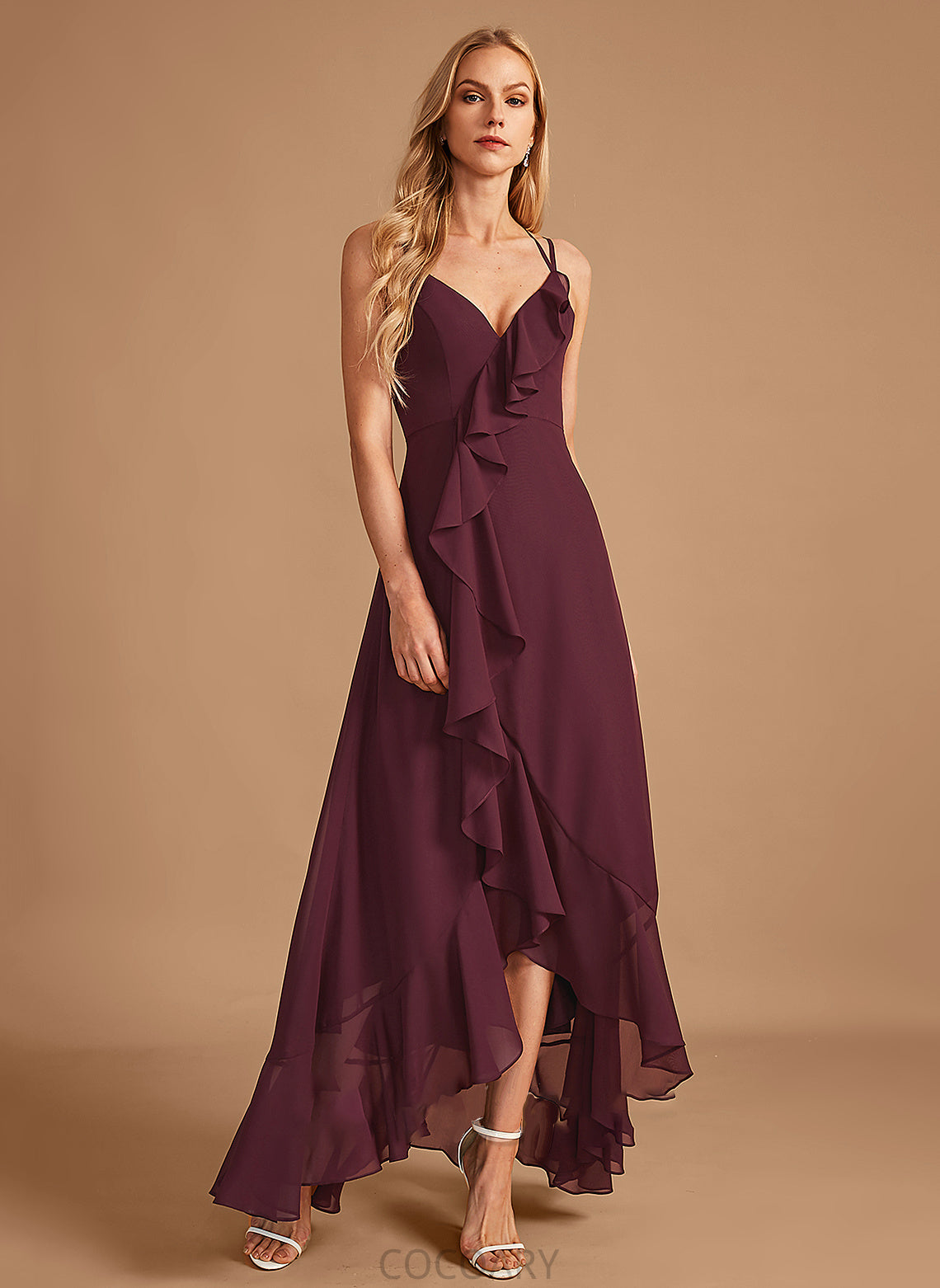 SplitFront Silhouette A-Line Asymmetrical Length Fabric Embellishment Ruffle Neckline V-neck Ashlee Natural Waist Bridesmaid Dresses