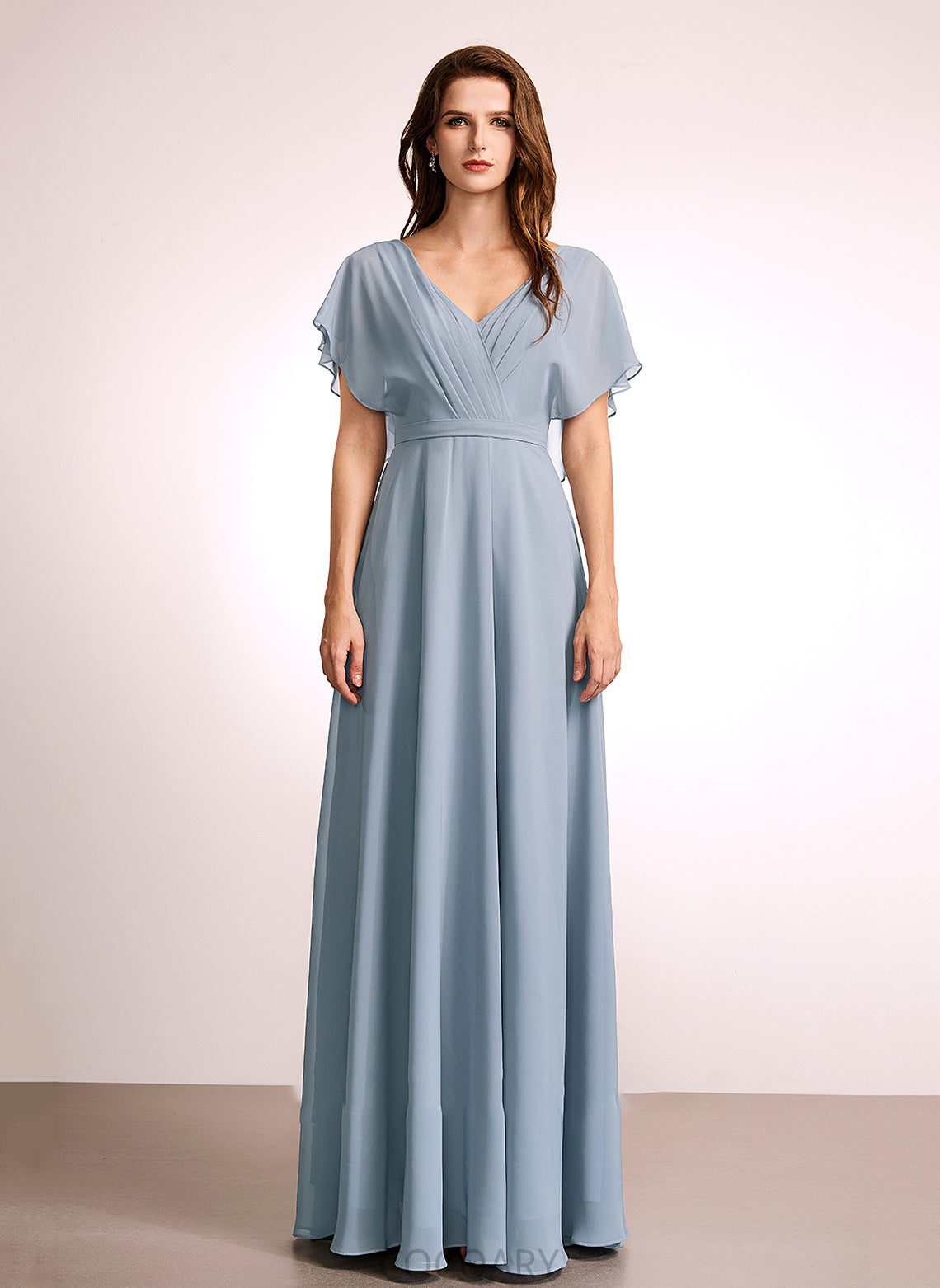 Ruffle Length A-Line Floor-Length Silhouette Neckline Fabric Embellishment V-neck Persis Natural Waist Scoop Bridesmaid Dresses