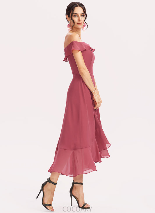 Neckline Silhouette Tea-Length Fabric Length Off-the-Shoulder Embellishment A-Line CascadingRuffles Daniela A-Line/Princess Natural Waist Bridesmaid Dresses