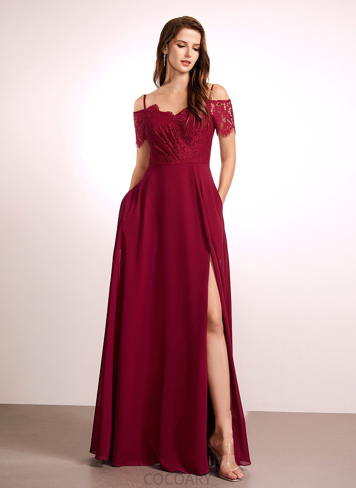 V-neck Length Neckline Floor-Length Straps Silhouette A-Line Lace Fabric Liz Floor Length Empire Waist Bridesmaid Dresses