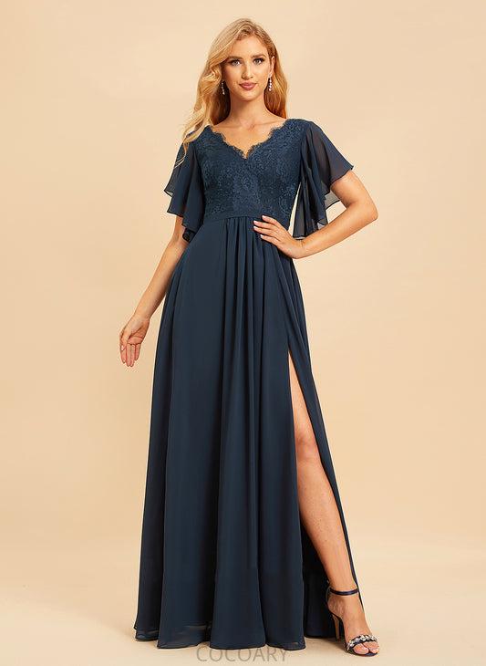 Length Neckline SplitFront Silhouette V-neck Fabric A-Line Lace Floor-Length Embellishment Nina Sleeveless Bridesmaid Dresses