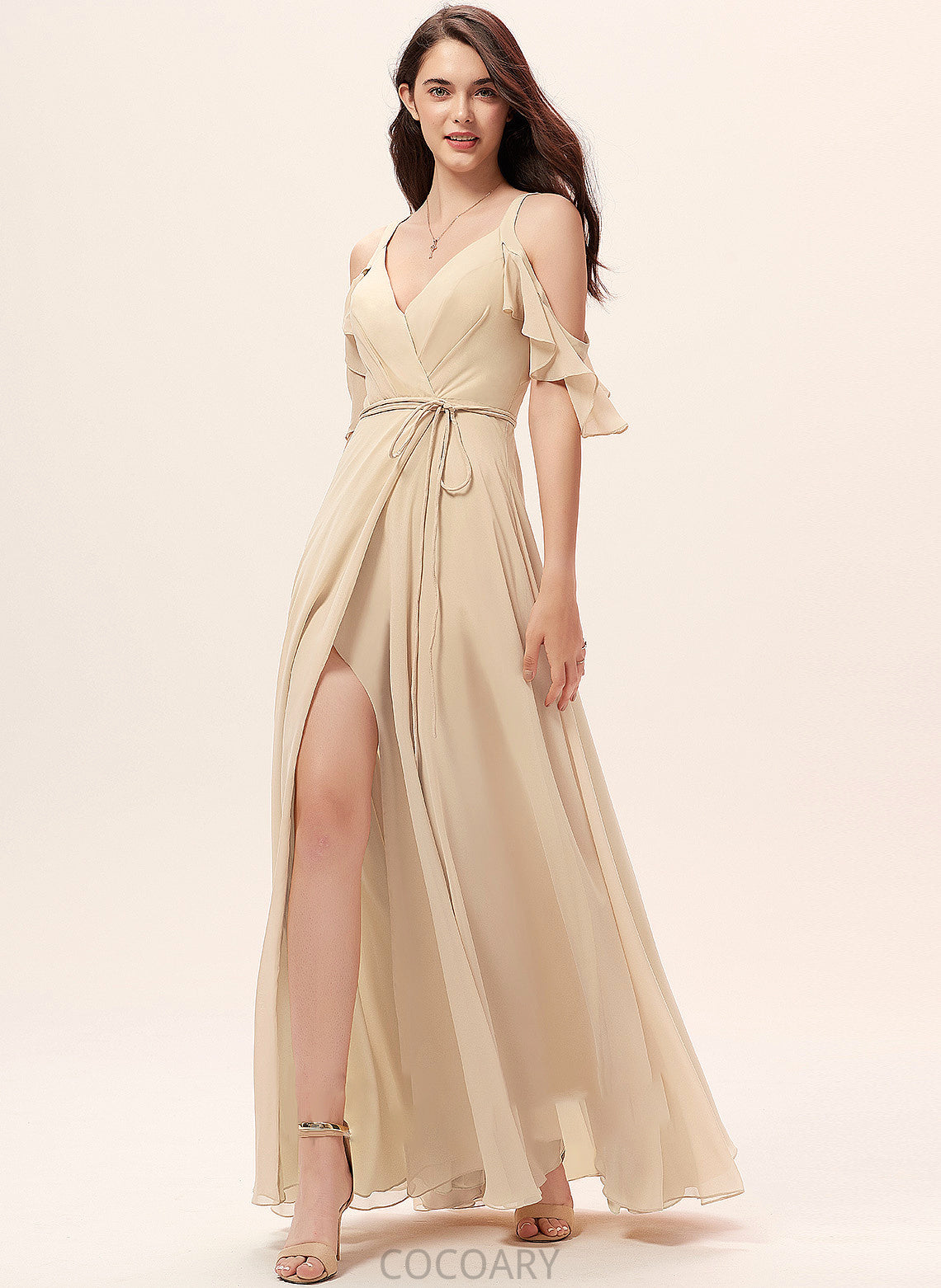 Floor-Length A-Line Fabric Neckline Embellishment SplitFront Silhouette Ruffle V-neck Length Clare V-Neck Bridesmaid Dresses