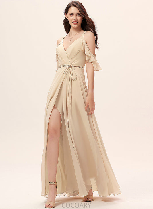 Floor-Length A-Line Fabric Neckline Embellishment SplitFront Silhouette Ruffle V-neck Length Clare V-Neck Bridesmaid Dresses