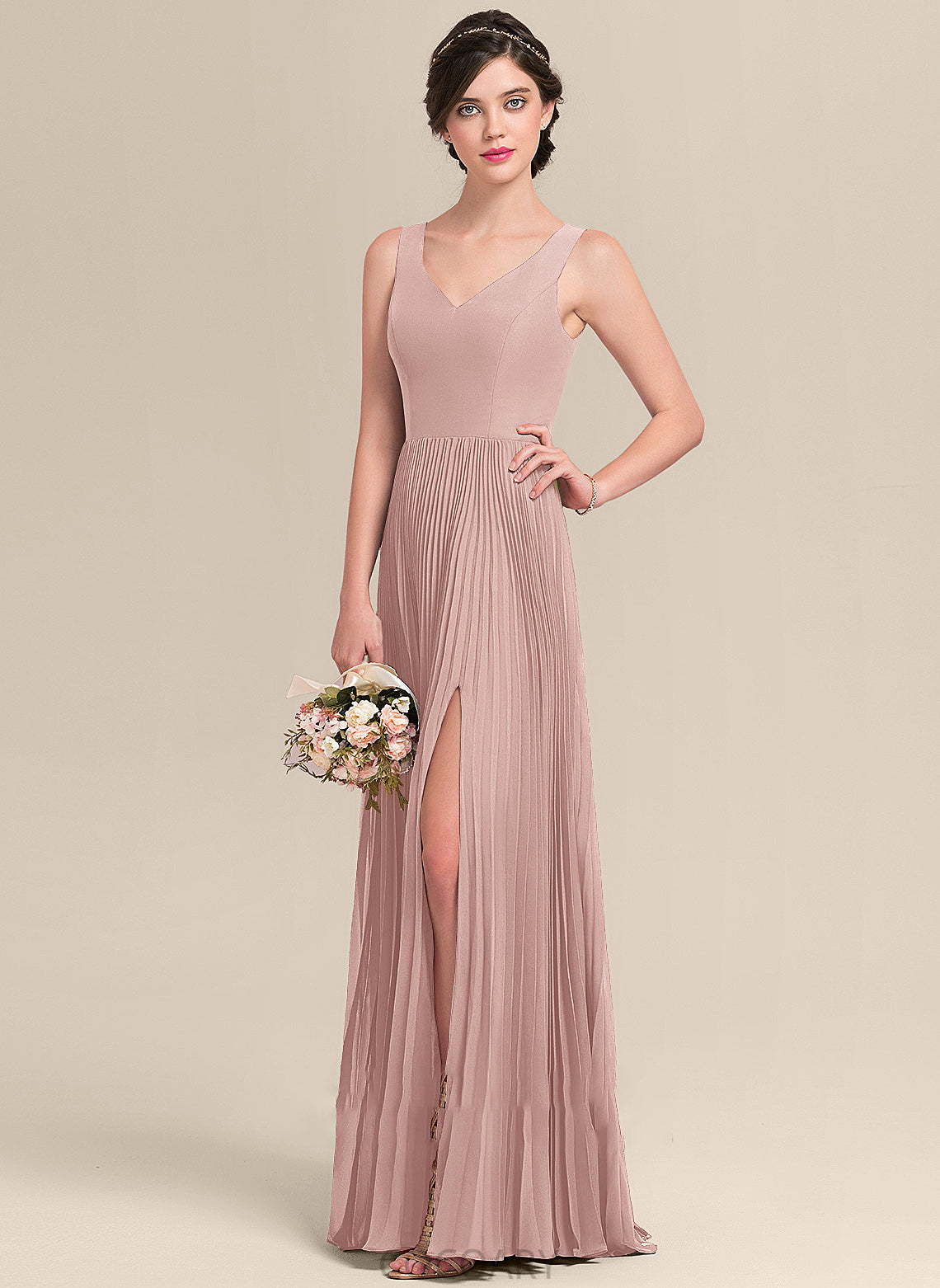 Neckline SplitFront Embellishment Length V-neck Pleated Silhouette Fabric A-Line Floor-Length Julia Spaghetti Staps Bridesmaid Dresses