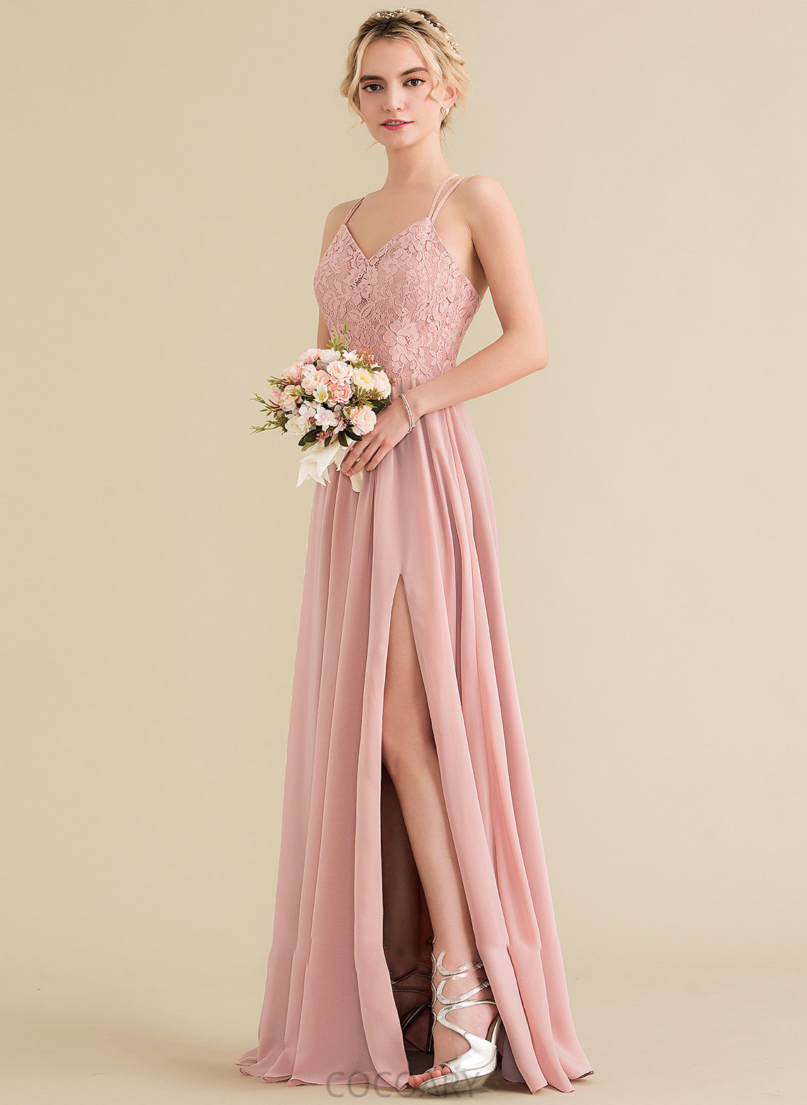 Floor-Length Fabric Neckline Sweetheart Embellishment A-Line SplitFront Length Silhouette Jane Sleeveless V-Neck Bridesmaid Dresses