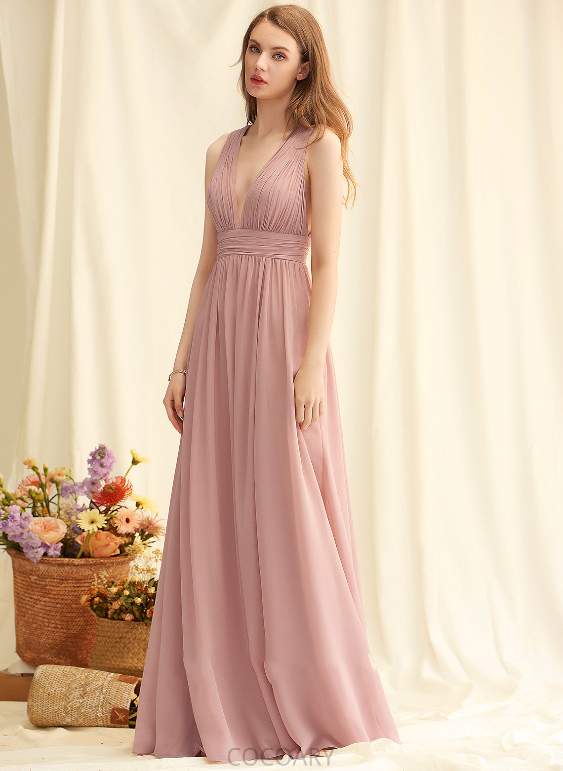 Silhouette Embellishment V-neck Floor-Length Fabric Neckline Length SplitFront A-Line Renee Sleeveless Natural Waist Bridesmaid Dresses