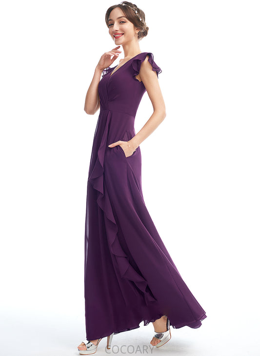 Floor-Length A-Line Length Silhouette Embellishment Neckline Pockets Fabric V-neck Ruffle Adison V-Neck Bridesmaid Dresses